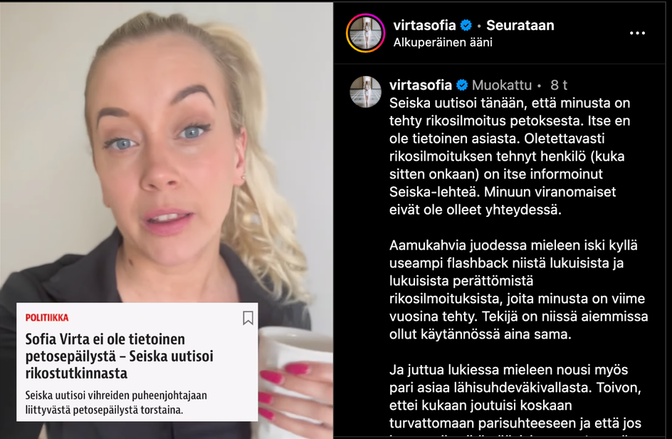 Pahoinpitelystä tuomitun ex-miehen tiedetään tehneen lukuisia perättömiä rikosilmoituksia Sofia Virrasta post image