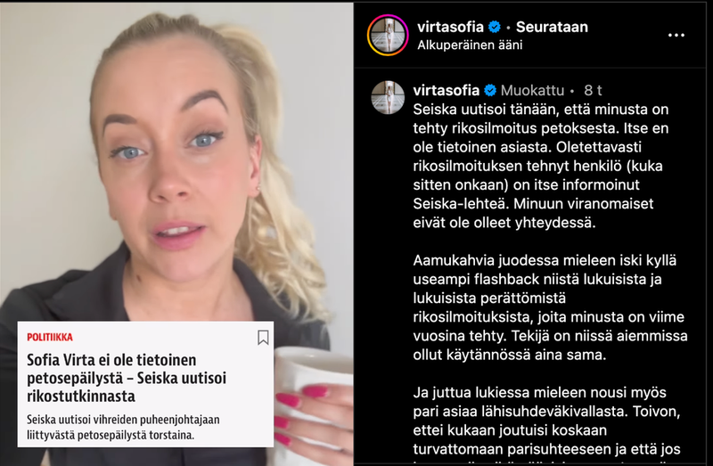 Pahoinpitelystä tuomitun ex-miehen tiedetään tehneen lukuisia perättömiä rikosilmoituksia Sofia Virrasta post image